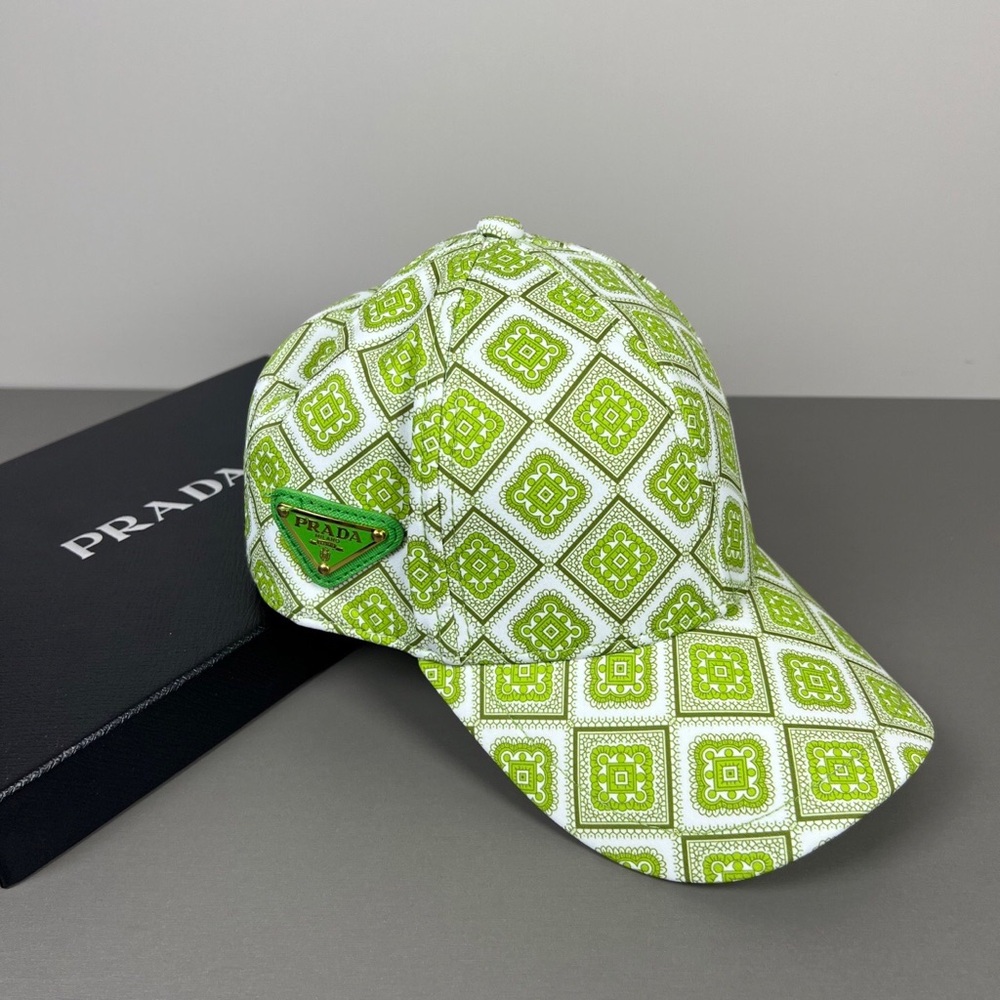 👒💘Prada Green Geometric Print Baseball Cap with Triangle Logo Plate